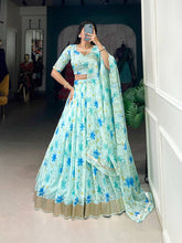 Pista green floral silk Lehenga (skirt stitched)