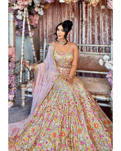 Baby pink floral and mirror embroidered Lehenga