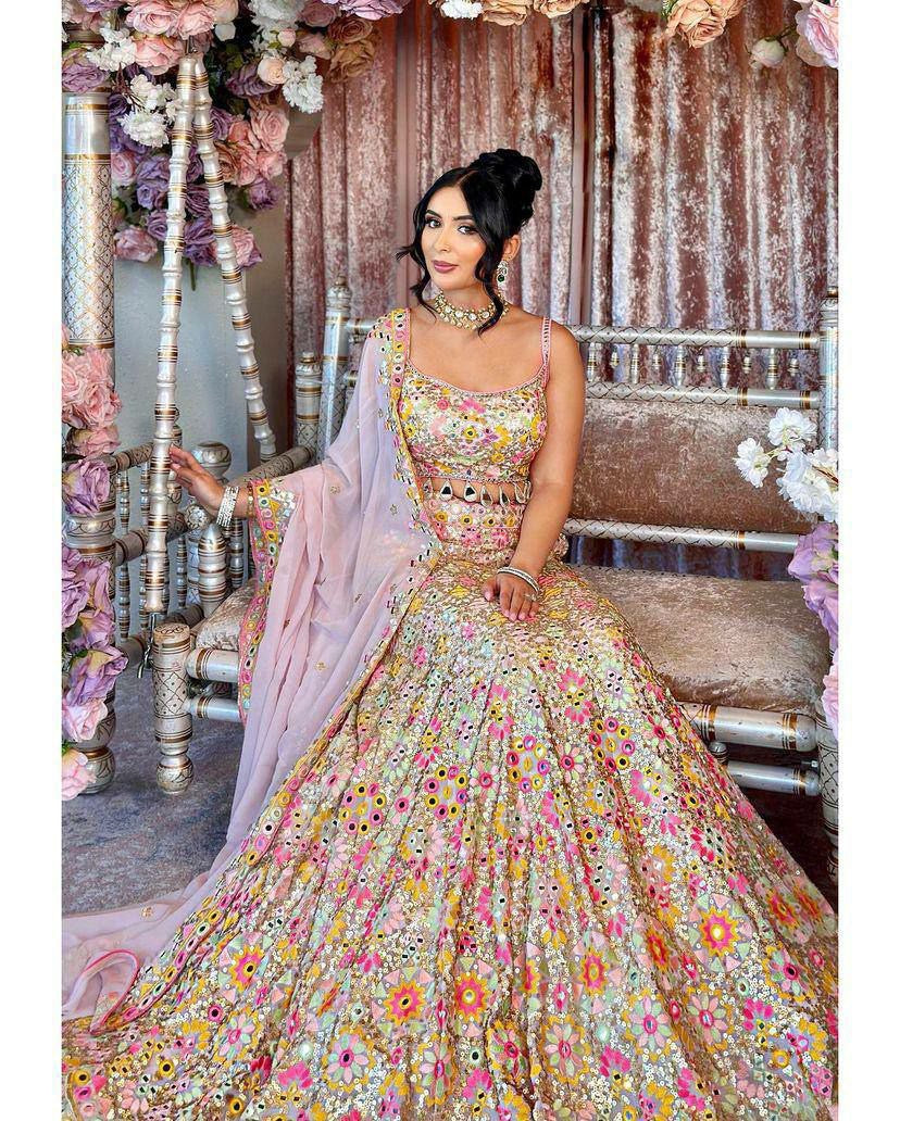 Baby pink floral and mirror embroidered Lehenga