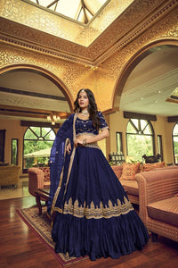 Royal collection - lino silk and satin ruffle style lehenga in midnight blue