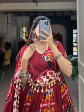 Rayon and printed silk Lehenga choli in maroon and elephants - readymade