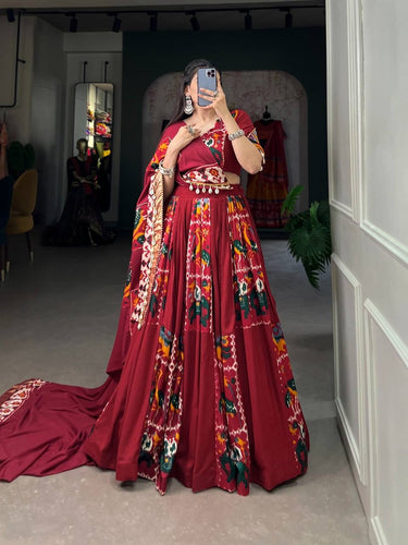 Rayon and printed silk Lehenga choli in maroon and elephants - readymade