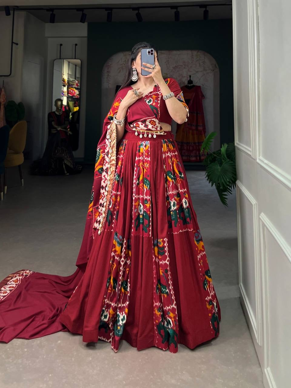 Rayon and printed silk Lehenga choli in maroon and elephants - readymade