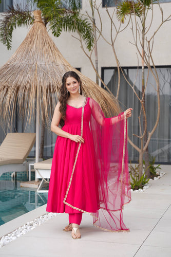 Roman chanderi silk anarkali set in Rani pink (sleeves available)