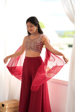 Maroon crunchy silk crop top palazzo set