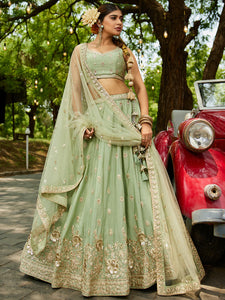 Pista green and gold chinnon embroidered Lehenga