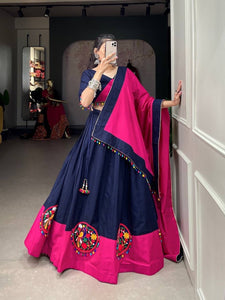 Navy blue and pink gamthi work pure cotton readymade Lehenga