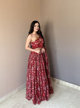 Stylish one shoulder red floral printed lehenga