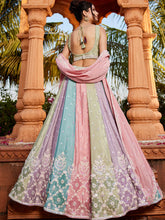 Pink chinnon multicoloured panelled Lehenga