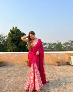 Hot pink floral and flared readymade saree (readymade blouse)