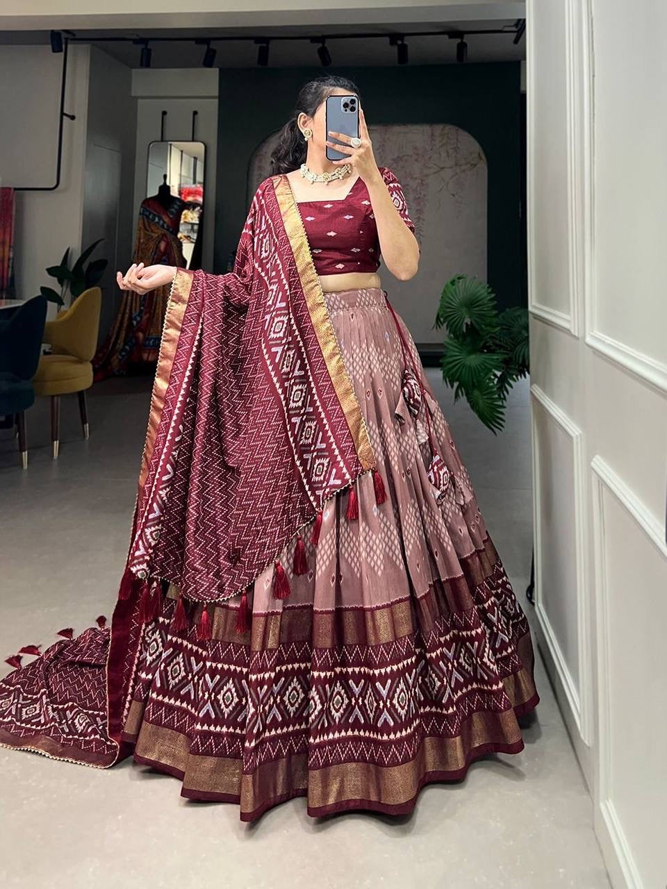 Tussar silk light shades Lehenga - maroon (skirt stitched)