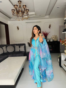 Abstract front slit with pants anarkali in blue - readymade