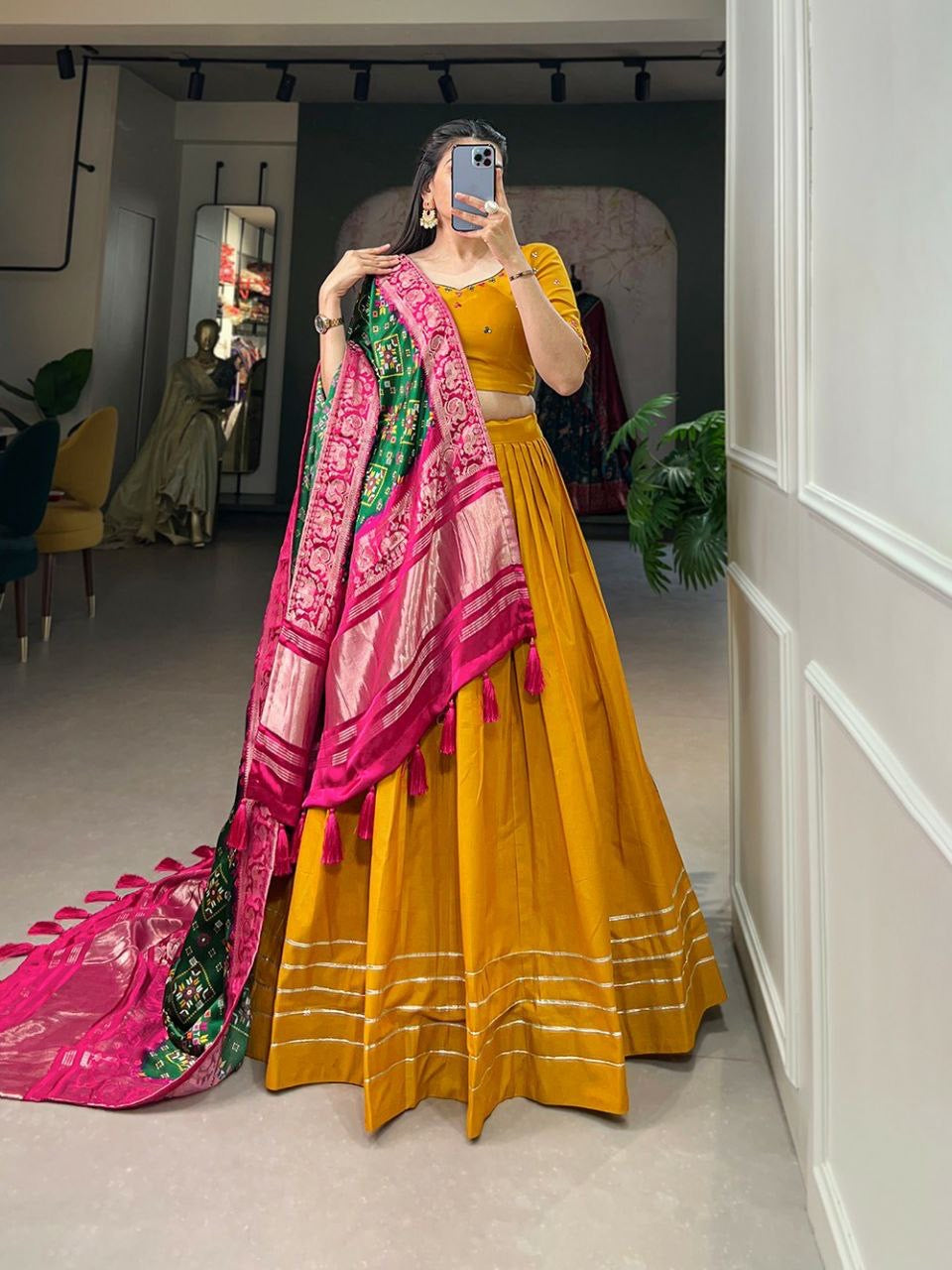 Pure cotton lehenga with gaji silk dupatta in yellow
