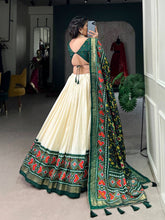 Tussar silk Lehenga with patola print in green
