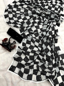 Black and white checks saree