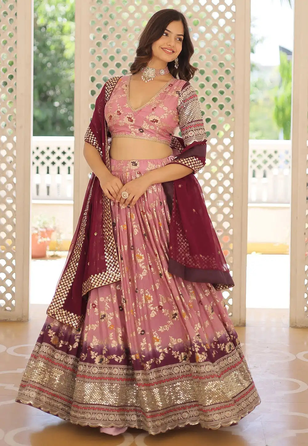 Viscose jacquard lehenga with 2D in light pink