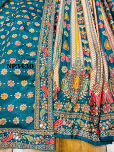 Niks collection - teal blue crepe silk printed lehenga
