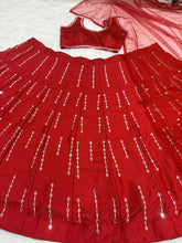 Red mirror work satin silk lehenga