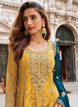 Mustard and blue jacquard silk palazzo