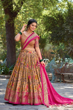 Tussar silk floral kalamkari print Lehenga in mustard and pink