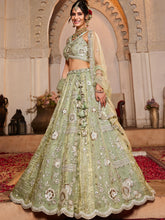 Pista Green Embroidered tissue fabric Lehenga