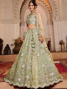 Pista Green Embroidered tissue fabric Lehenga
