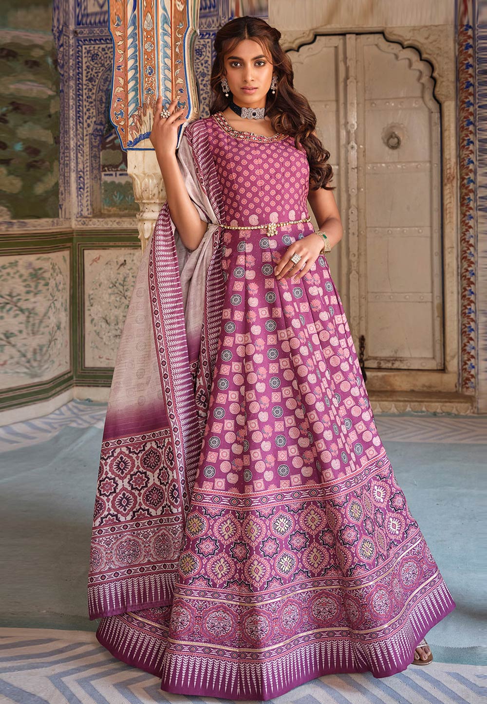Dola silk Ajrakh print gown in pink