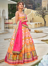 Yellow multicoloured embroidery and printed Dola silk gown