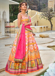 Yellow multicoloured embroidery and printed Dola silk gown