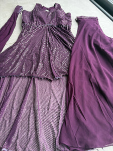Plum high low anarkali set with palazzos