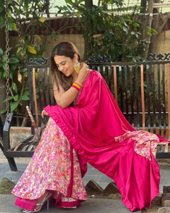 Hot pink floral and flared readymade saree (readymade blouse)