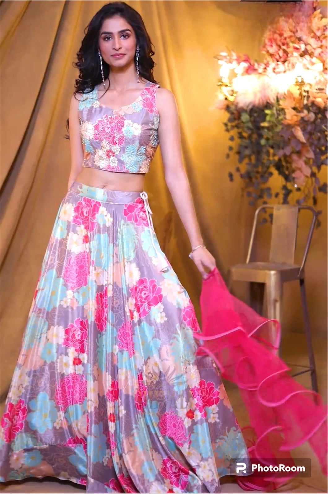 Boutique collection - pink and dusty mauve floral Lehenga with ruffle dupatta