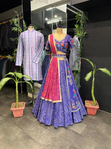 Purple traditional bandhani print readymade Lehenga (matching men’s kurta available)