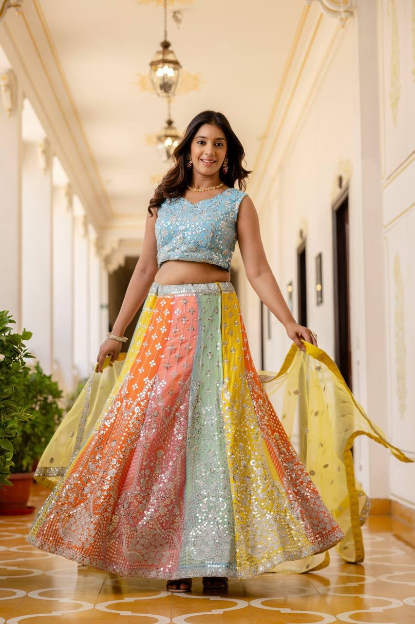 Multicoloured panelled Georgette Lehenga