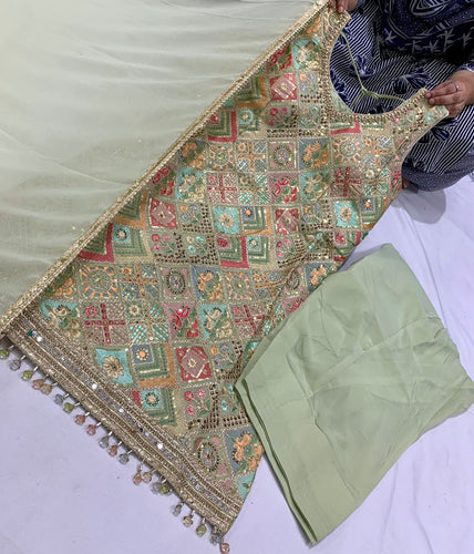 Mint green embroidered suit with trending farshi salwaar