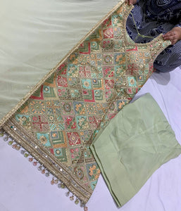 Mint green embroidered suit with trending farshi salwaar