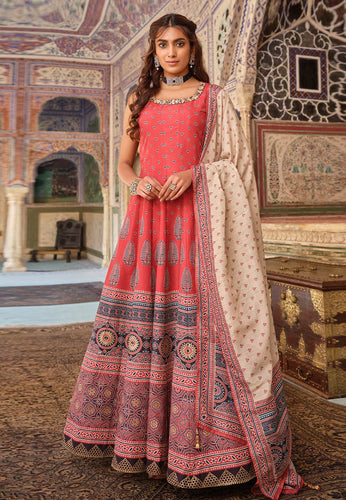 Dola silk Ajrakh print gown in red