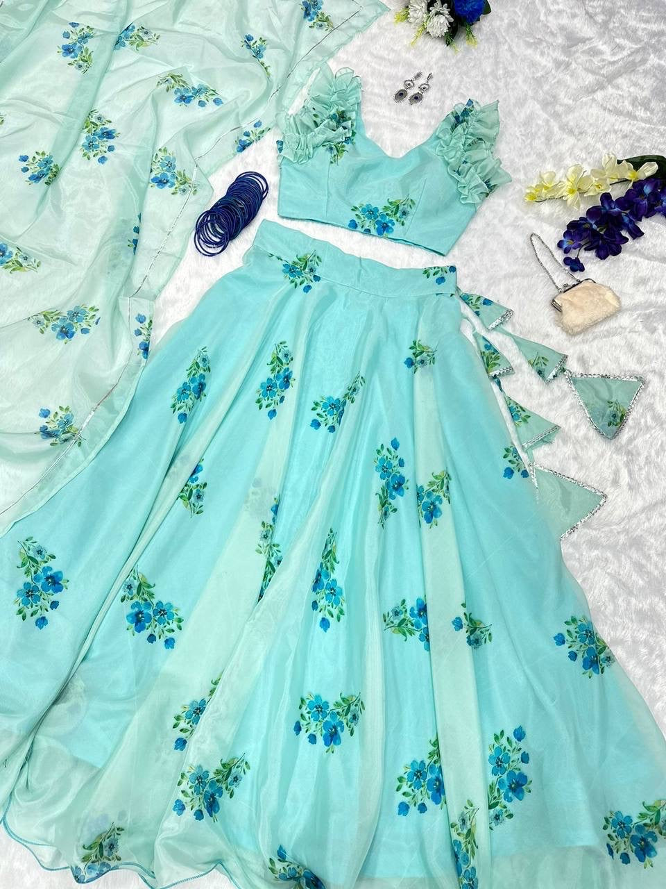 Mint geeen with blue floral readymade Lehenga