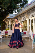 Tussar silk navy blue floral print Lehenga (skirt stitched)