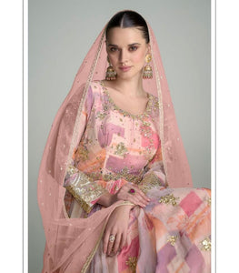 Ahana - Pale pink floral chinon mirror work anarkali
