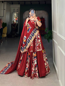 Rayon and printed silk Lehenga choli in maroon and blue - readymade