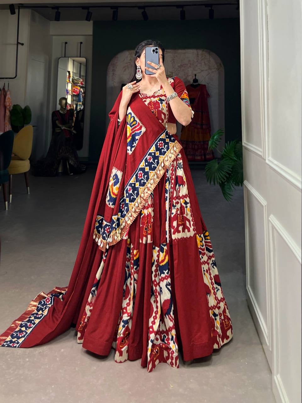 Rayon and printed silk Lehenga choli in maroon and blue - readymade