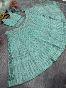 Sea green sequinned Lehenga with belt