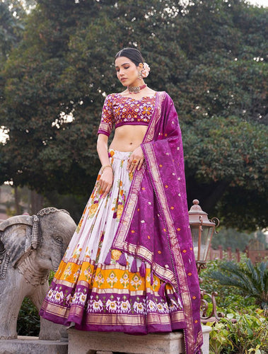 Tussar silk floral and patola print Lehenga in purple