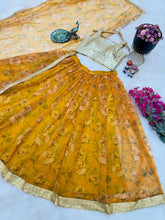 Yellow and gold organza silk floral readymade Lehenga