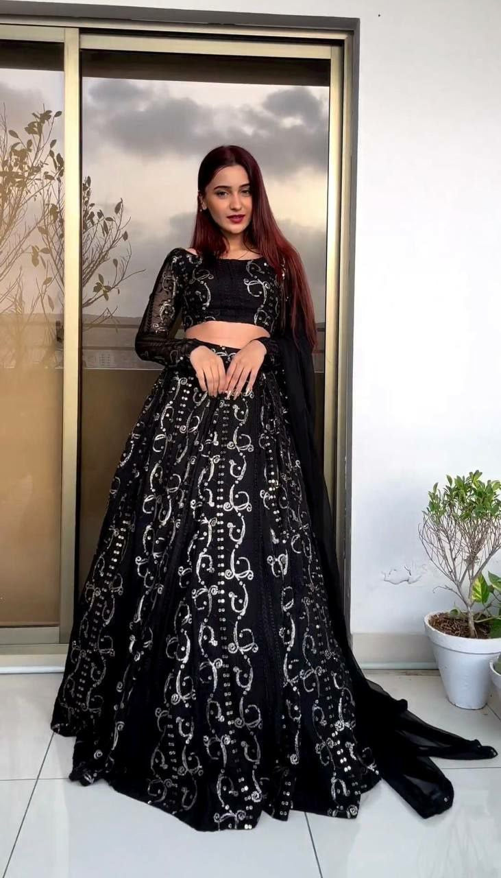 Black georgette spiral patterned Lehenga