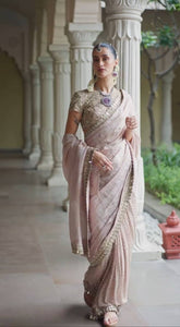 Peach mirror work platinum crush saree