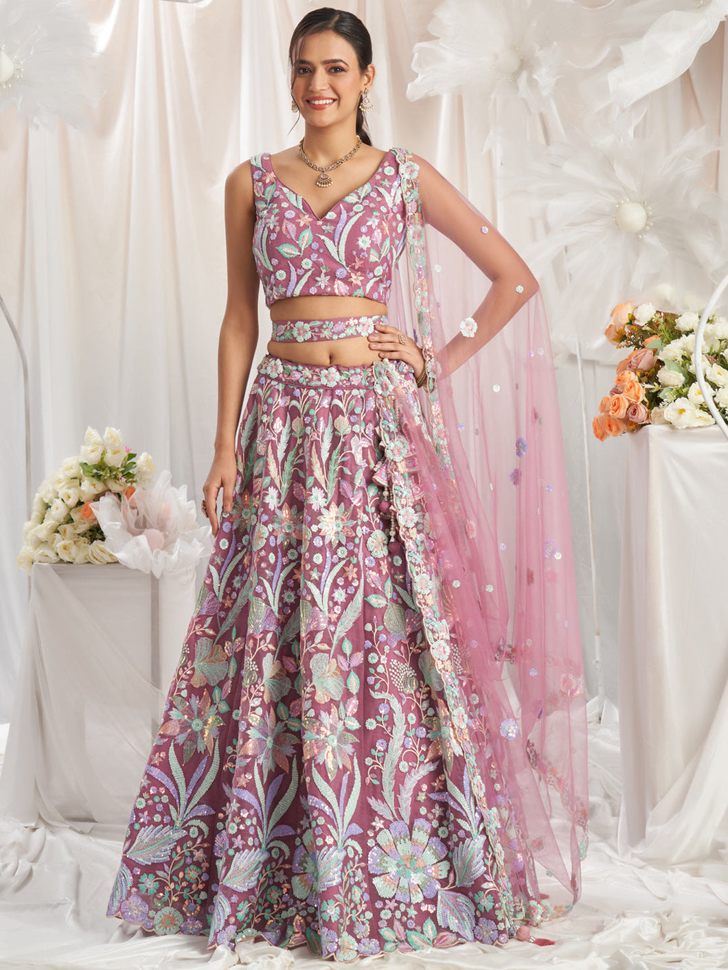 Rose gold - multi colour pastel sequins Lehenga