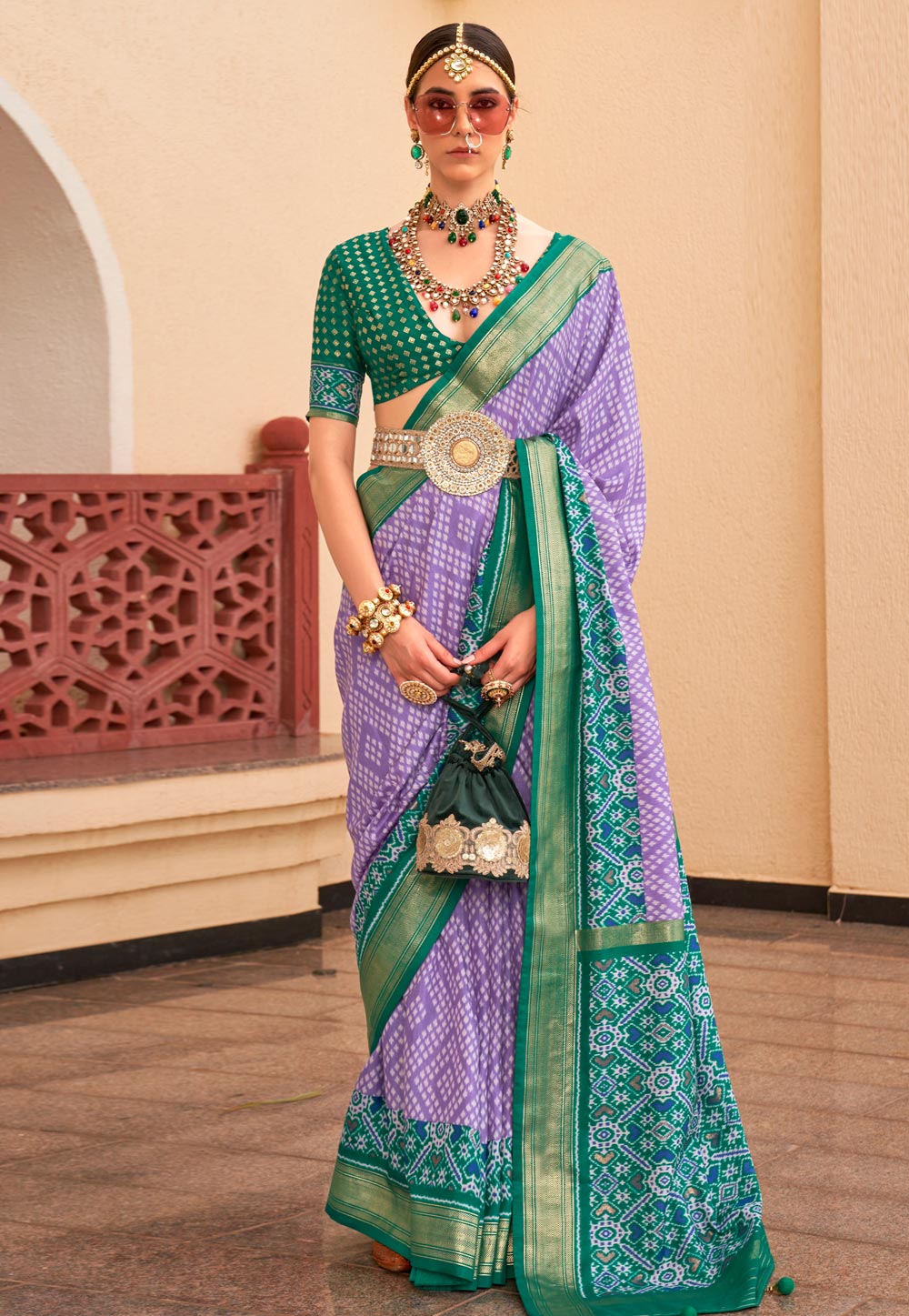 Lavender silk bandhej print saree