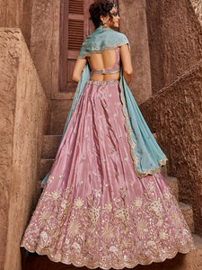 Pink satin silk Lehenga with contrasting dupatta